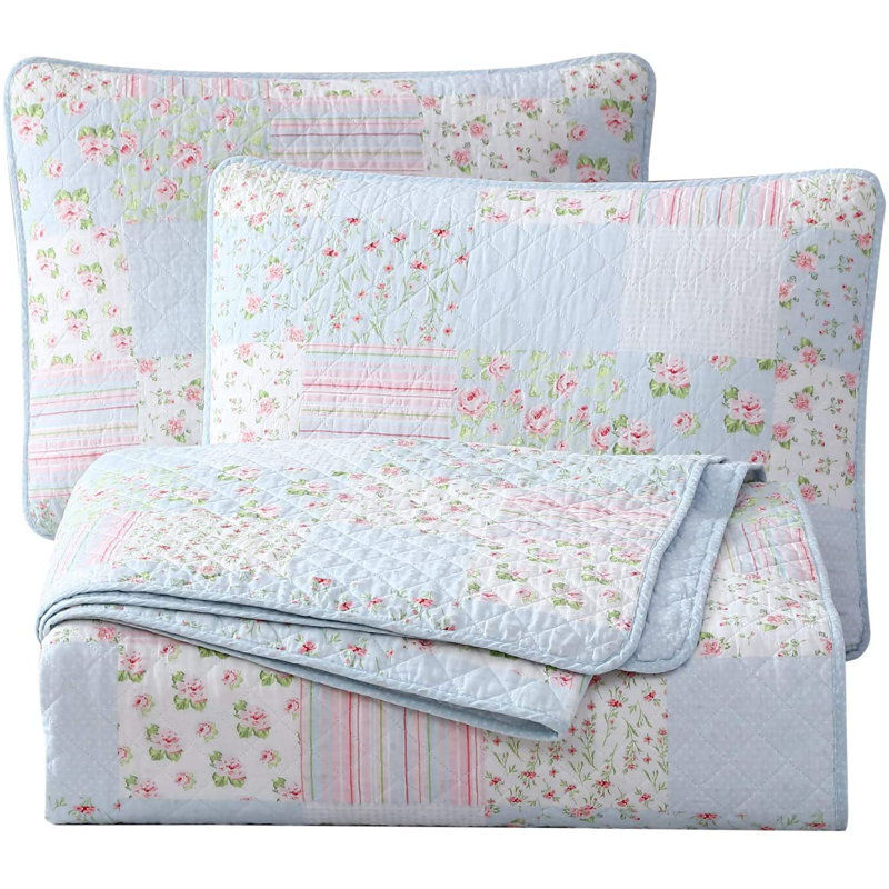 Twin Ivory Cotton Floral Patchwork Quilt Set