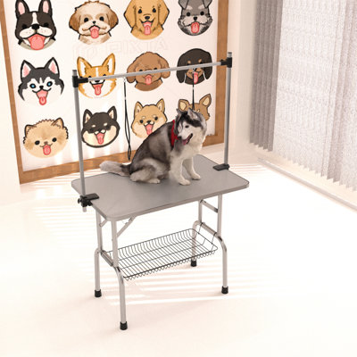 42 po Table de toilettage pour chien pliante avec cadre en acier inoxydable et tapis en caoutchouc avec bras et pinces réglables