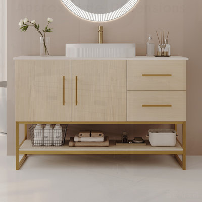 Modern Bathroom Vanity with Ceramic Vessel Sink, Gold Accent Free Standing Cabinet