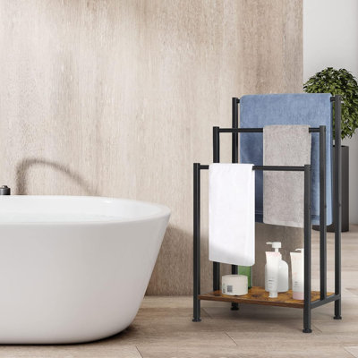 Porte-serviettes sur pied avec rangement en bois | Porte-serviettes sur pied, porte-couvertures à 3 niveaux pour la salle de bain, porte-serviettes avec tablette, brun rustique et noir