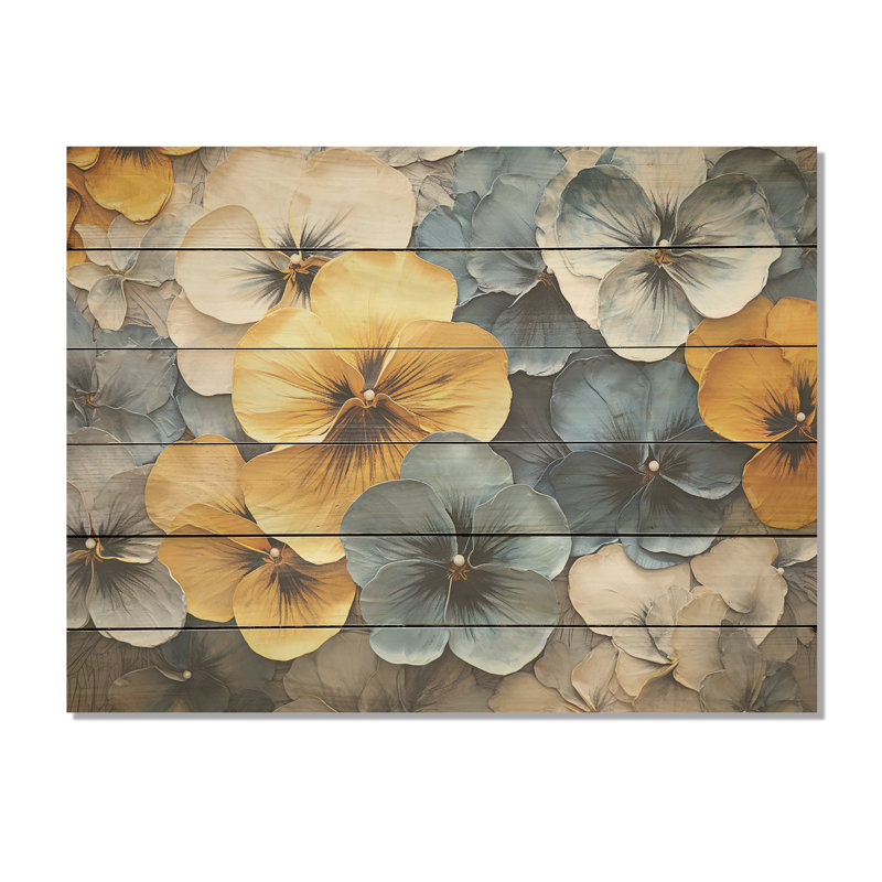 Élégants pétales jaunes et bleus - Pensées, art sur bois de pin naturel, H 24 po x l 32 po
