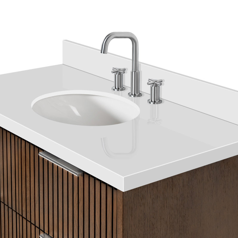 Meuble-lavabo mural simple 49 po avec comptoir à quartz blanc pur 1,5 po Mulloy, Ovale, Chêne brun