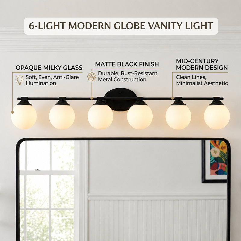 Modern 6-light Matte black vanity light, Opal White Glass