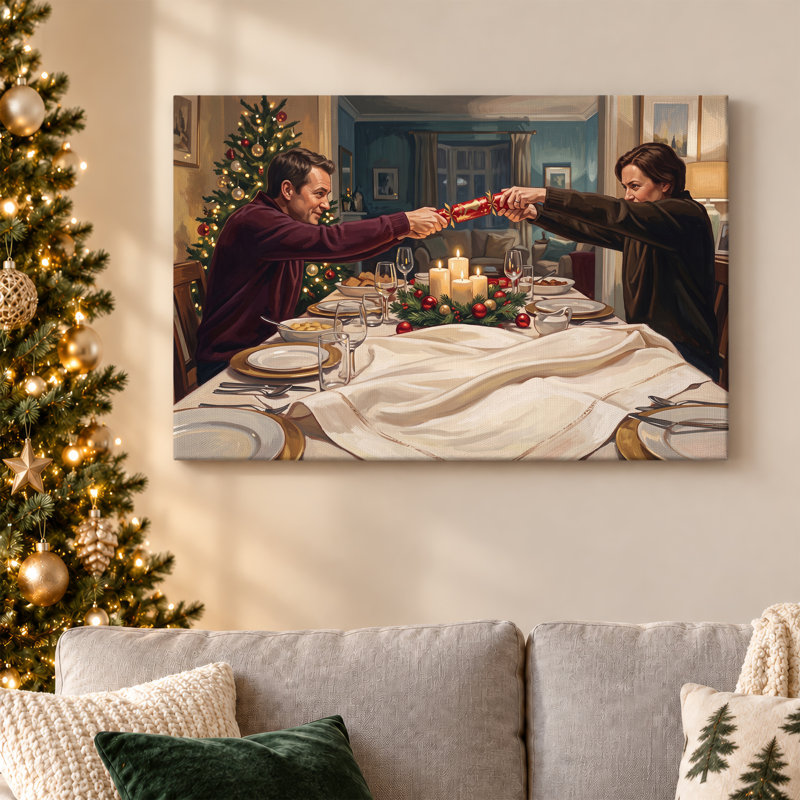 " Couple Pulling Red Cracker At Candlelit Dinner Christmas " Painting, H 20 po x l 30 po