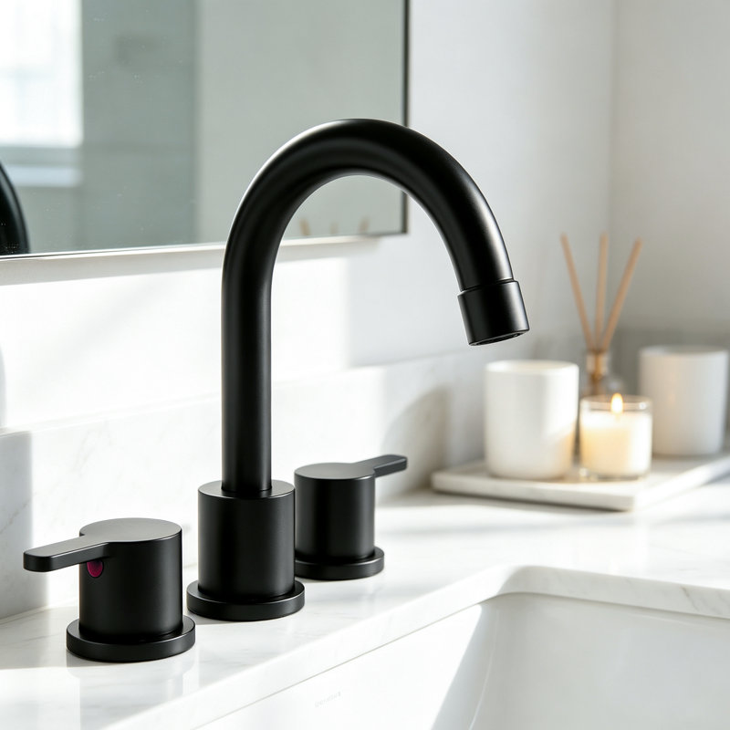Robinet de salle de bain moderne à large entraxe avec bec pivotant à arc élevé, bonde escamotable et conduites d'alimentation