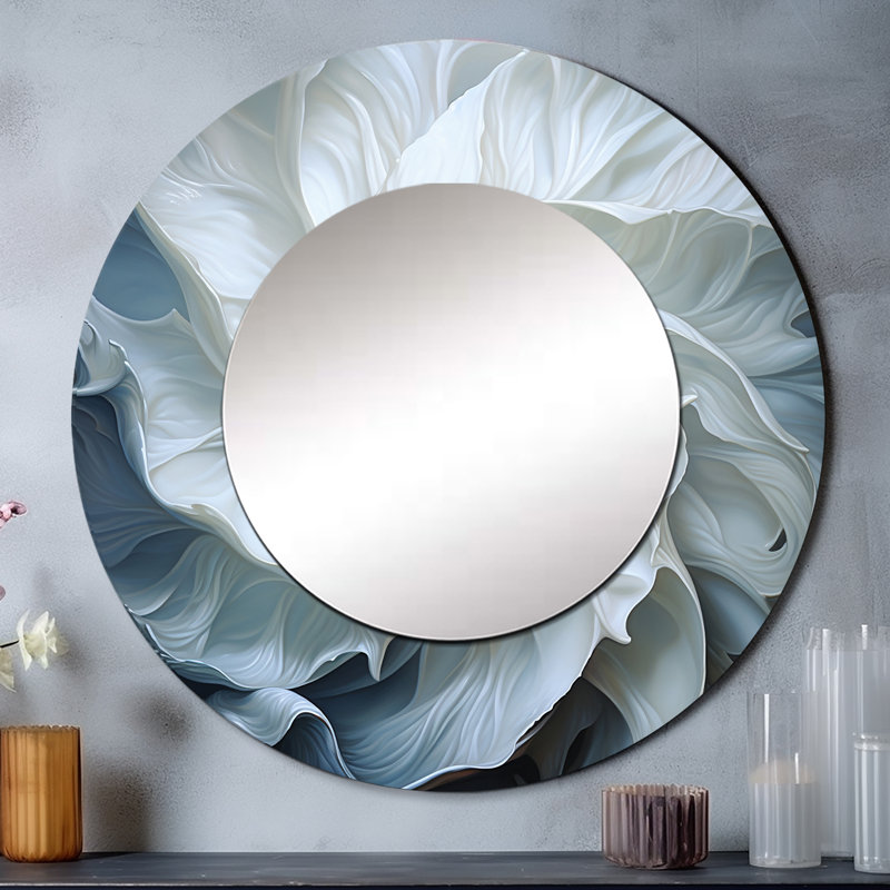 Seashell monochromatique Whispers I - miroir coquillage, miroir mural rond unique moderne, impression sur métal
