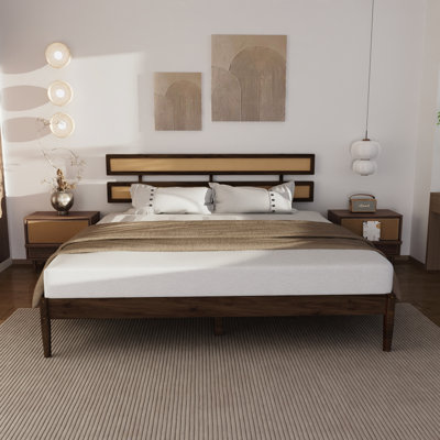 Solid Wood King  Bed Frame Platform Bedframe With Rattan Headboard
