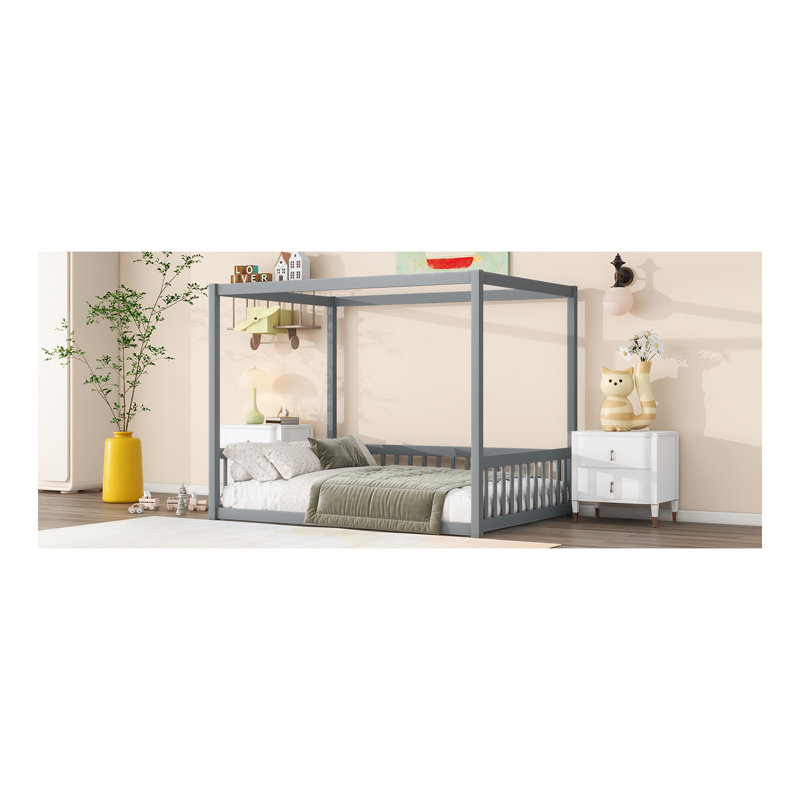 Lit double en bois d'hévéa avec clôture, garde-corps, gris