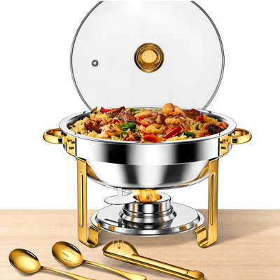 Elegant 5Qt Gold Stainless Steel Chafing Dish Buffet Set – 4 Pack Round Food Warmers with Tempered Glass Lids, Full Size Pans, Utensils, Folding Stands & Alcohol Fuel Holders