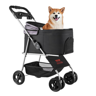 Poussette pour animal de compagnie, capacité de poids de 35 lb, chariot pliable pour poussette pour chien, landau à 4 roues avec support amovible et fenêtres en filet, transporteur d'animaux portable avec frein pour petits et moyens animaux de compagnie