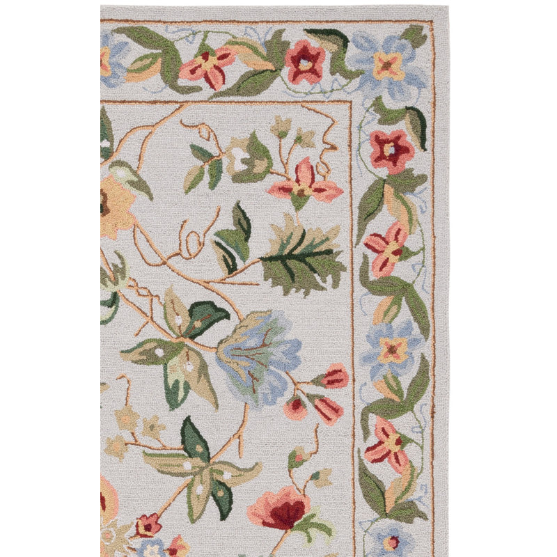 Tapis en laine bouclé / crocheté à la main à motif floral Sapin beige / vert / rouge, Rectangle 2 pi 6 po x 4 pi