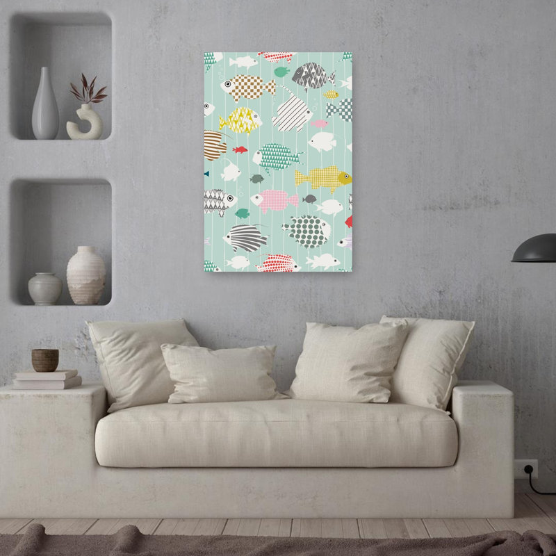 Whimsical Patterned Fish Abstract Colorful Geometric Fish Ocean Tropical Wall Art Print, 91.44cm H x 60.96cm W