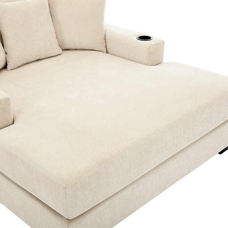 Chaise longue surdimensionnée de 55 po avec housses lavables amovibles, station de charge et porte-gobelets pour se détendre dans le tissu chenille crème du salon, détente confortable