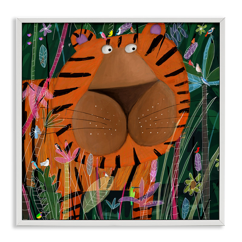 Tigre rayé pour enfants dans la jungle tropicale, art numérique de la giclée encadrée par Carla Daly