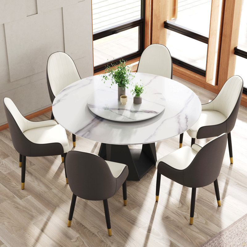 Table de salle à manger 59,05 po ronde en marbre avec base en fer noir, marbre artificiel pour 6 à 8 personnes, table tournante en pierre artificielle blanche 31,5 po, blanc (table de salle à manger seulement)