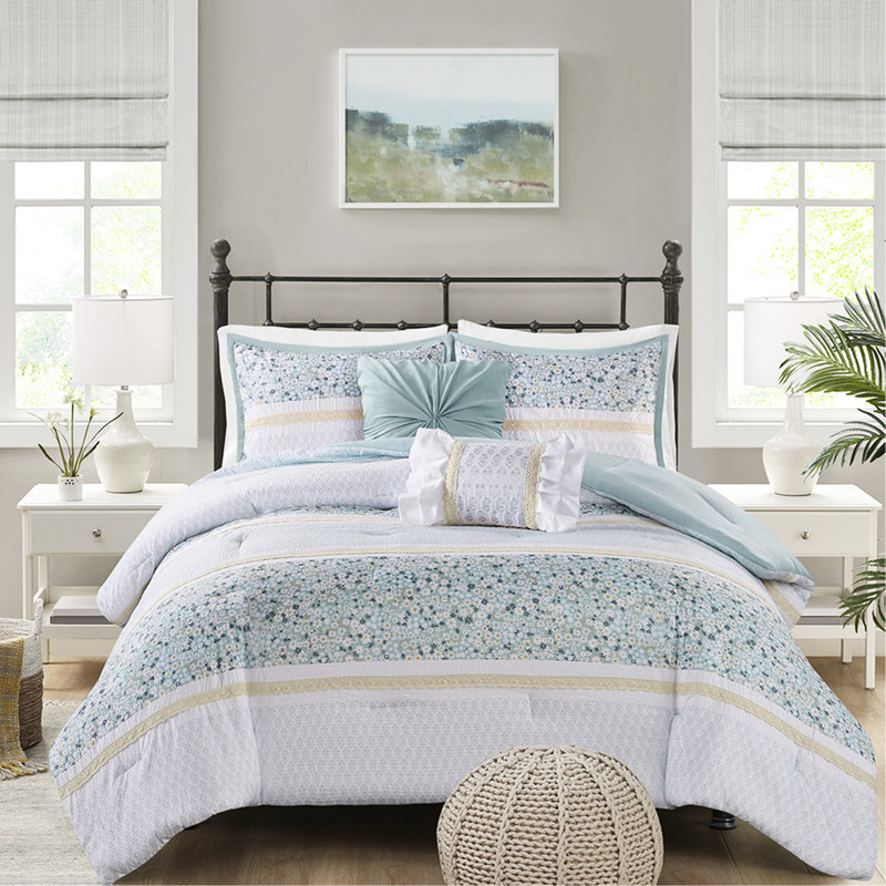 Literie en seersucker double / grand avec coussins décoratifs - en édredon jaune et bleu à motif floral imprimé botanique blanc
