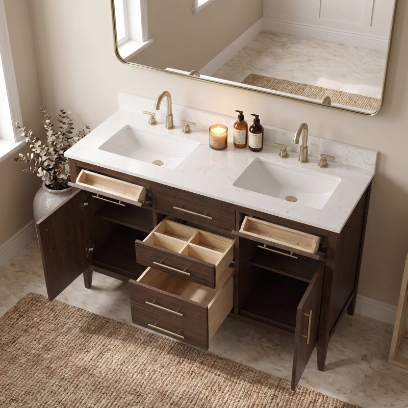 Meuble-lavabo double vasque de 140 cm (55 po) entièrement assemblé, avec comptoir et dosseret en granit blanc.