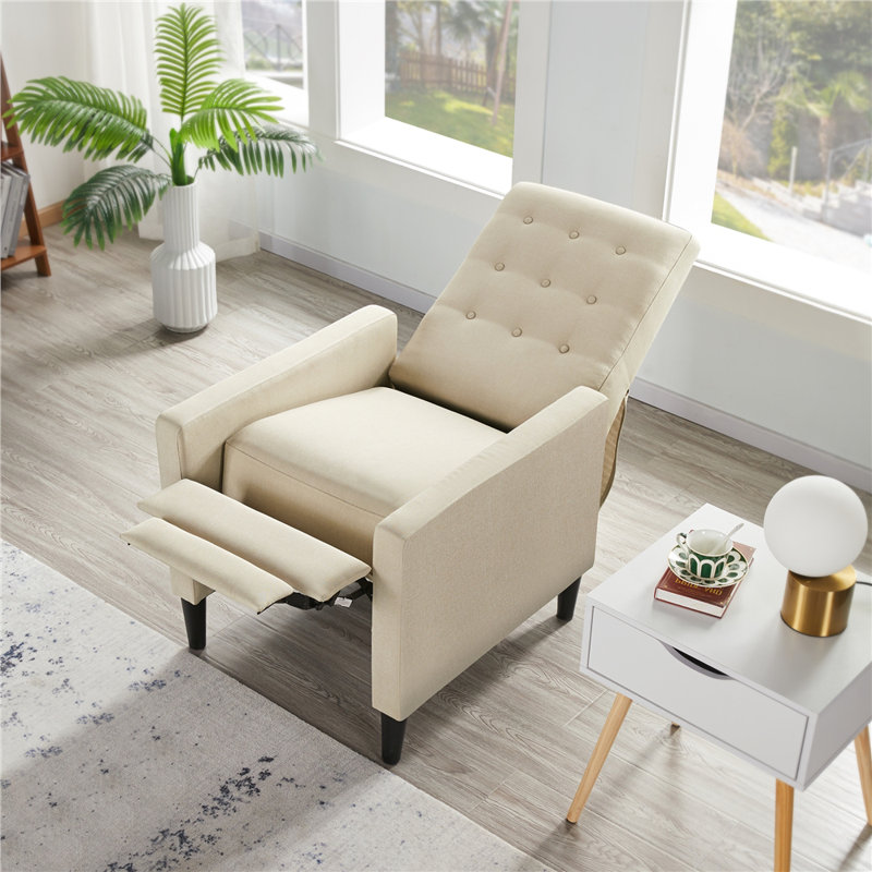 Adysyn Button Tufted Upholstered Manual Push-Back Recliner, Beige 100% Polyester