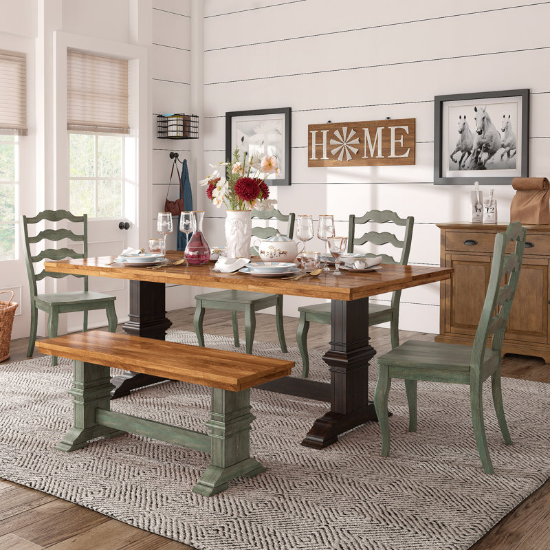 Fortville 78" Solid Wood Oak Finish Top 6-Piece Dining Set With French Ladder Back Chairs And Bench, Green, Black