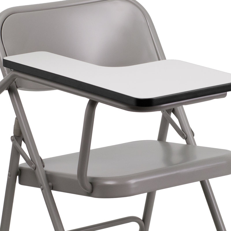 Premium Gray Metal Folding Chair with Right-Handed Tablet Arm