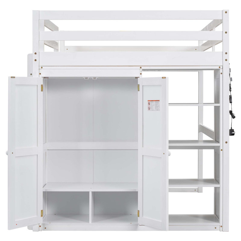 Lit mezzanine double en bois avec garde-robe intégrée et tablettes de rangement, lumière DEL, Blanc