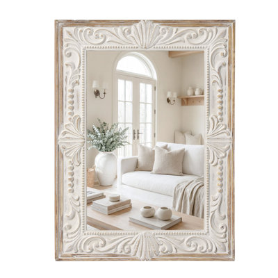 Rustic Wood Wall Mirror,Rectangle Carved Bathroom Vanity Mirror