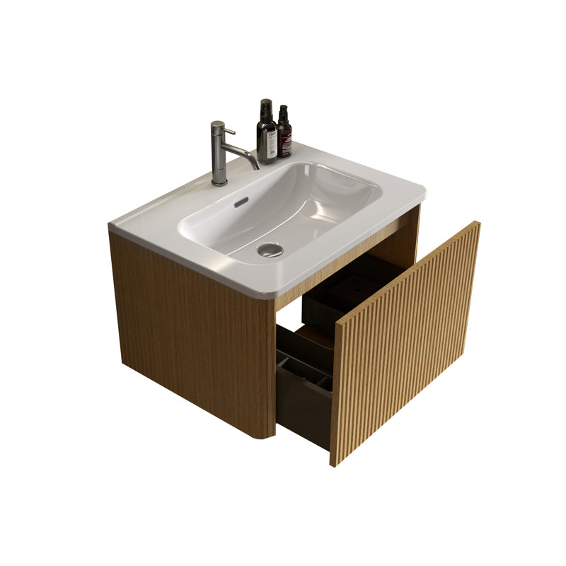Meuble-lavabo de salle de bain mural de 24 po avec lavabo rayé en chêne naturel et en céramique blanche à rebords incurvés de conception moderne