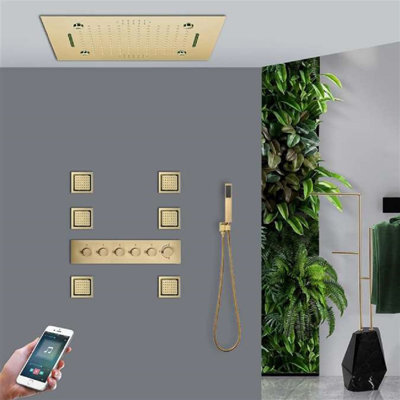 Chieti Brushed Gold Thermostatic LED Phone controlled Musical Recessed Ceiling Mount Rainfall Waterfall Mist Shower System with Jetted Body Sprays and Hand Shower