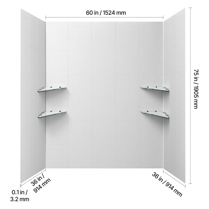 Shower Wall Panels, 60" W x 36" D x 75" H, 0.14" (3.5 mm) Thick, 3-Panel Waterproof SMC Shower Surround Kit, Quick Install and Trimmable Bathroom Tub Wall Panel Surround Kit with 4 Glass Shelves