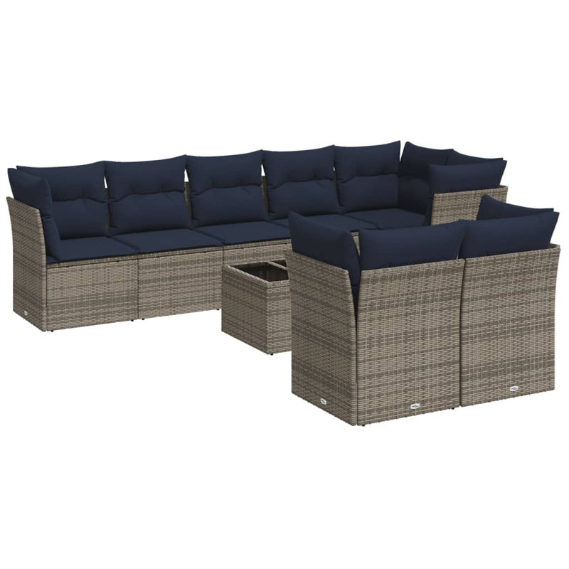 Ensemble de canapé de patio 9 pièces avec coussins en rotin de polyester, Gris, Marine