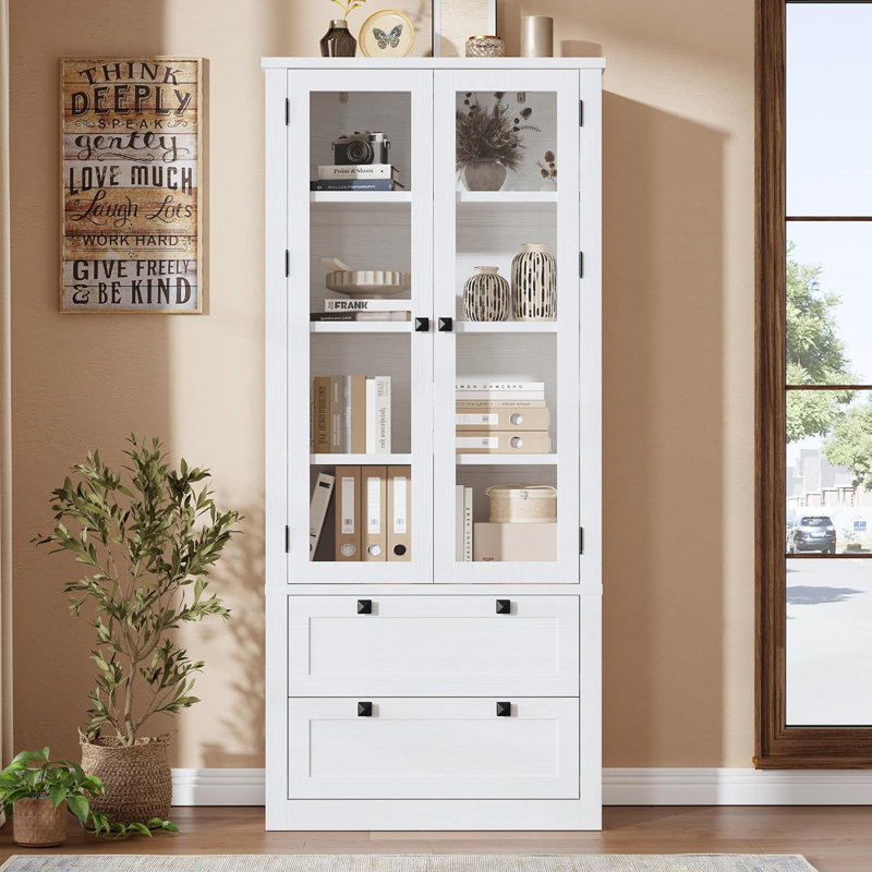 Garde-manger 71 po de hauteur avec tiroirs et portes en verre, armoire de rangement Farmhouse, blanc, Blanc