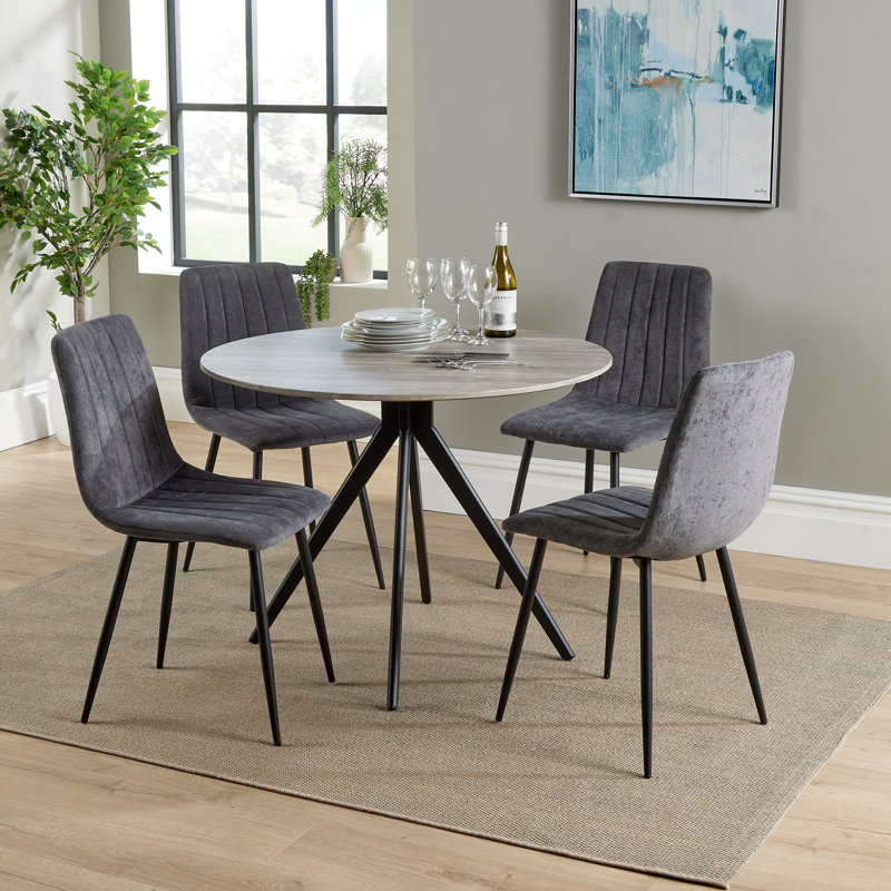 Huetter aspen 1000mm oak foiled round table & 4 fabric chair Set, Grey, Grey Oak