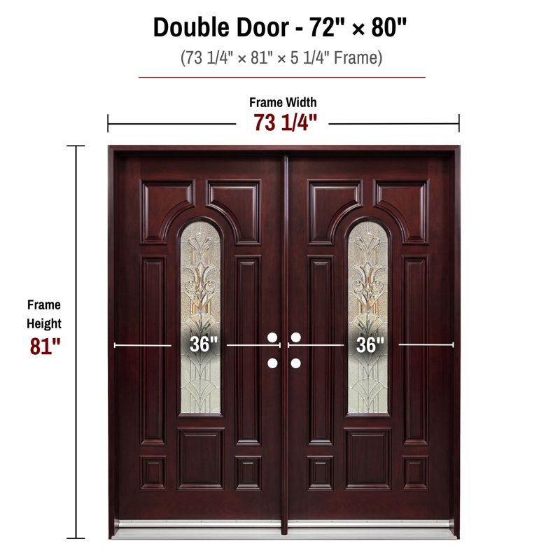 Porte d'entrée extérieure pré-montée en acajou prête à installer pour l'extérieur, H 80 po x l 72 po x P 1,75 po, Oui