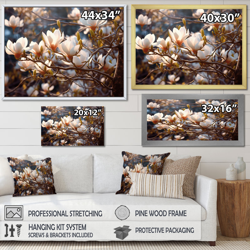 Paysage de magnolia blanc et rose V, H 30 po x l 40 po x P 1,5 po, Toile dorée