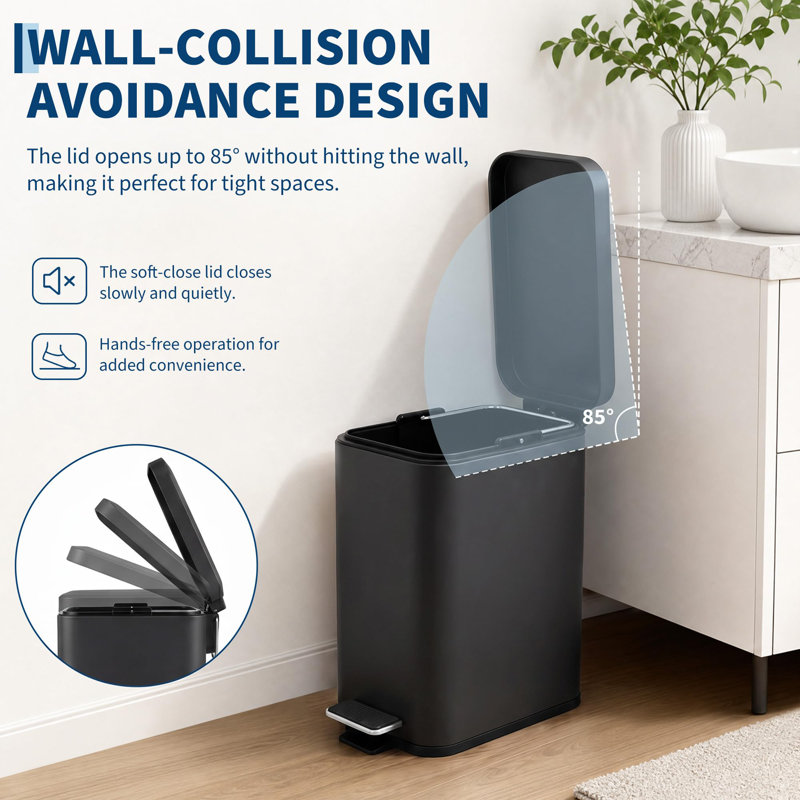 1.3 Gallon Bathroom Trash Can with Lid, Soft-Close Step Pedal, Stainless Steel, Black