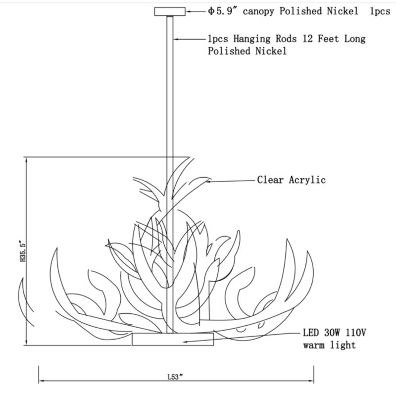 Lustre en corne de bois de lucite clair nickel poli clair, Or antique, Ambre, 26” Length x 26” Width x 24” Height
