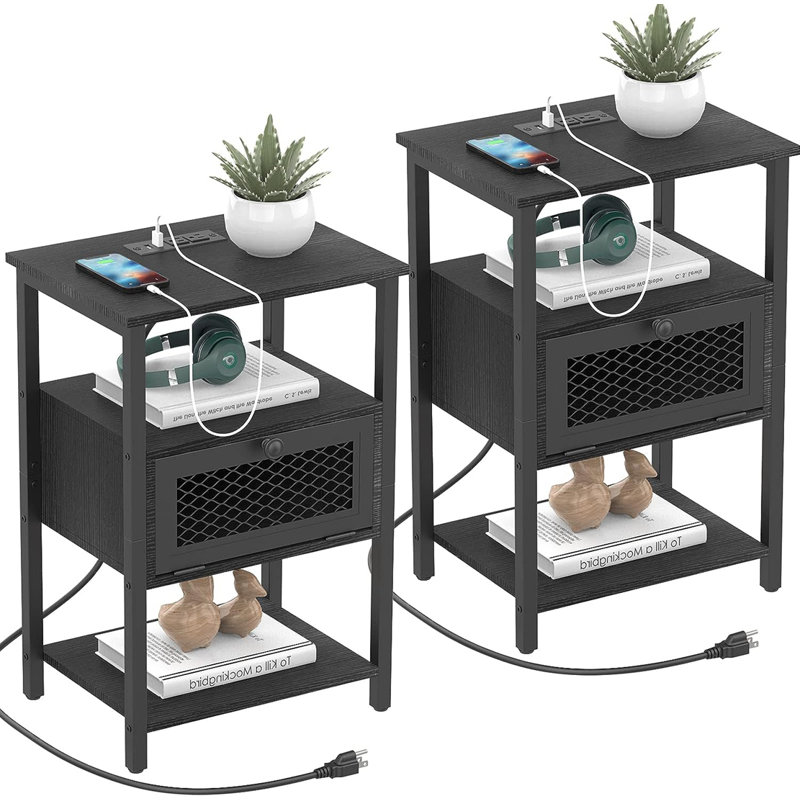End Table Set and Built-In Outlets, Black