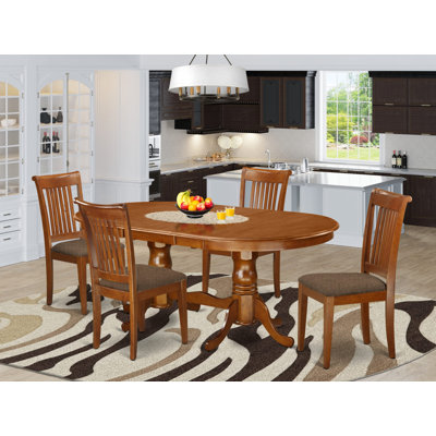 L'ensemble de table de cuisine 5 pièces pour 4 personnes comprend une table de salle à manger ovale avec rallonge papillon et 4 chaises rembourrées en tissu brun selle