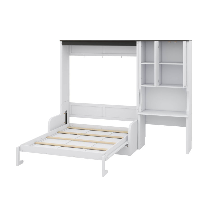 Lit escamotable double tout-en-un, bureau et armoire de rangement avec fonctions polyvalentes, Double