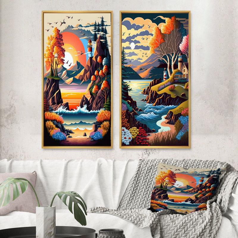 «Sunset In Modern Vector Style», 2 pièces sur toile, Encadrement doré, H 20 po x l 24 po