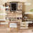 7-Drawer Vanity Desk With LED Mirror & Carved Details, Fluted Makeup Table With Metal Legs And PU Stool, Carved Dressing Table With Jewelry Storage For Bedroom
