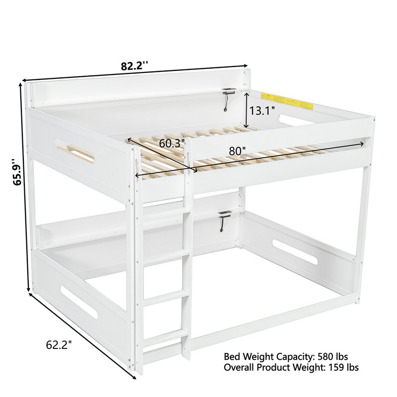 Queen Over Queen Bunk Bed, Built-In Storage Shelves & Charging Station, Contemporary Minimalist, Shared Bedroom, White