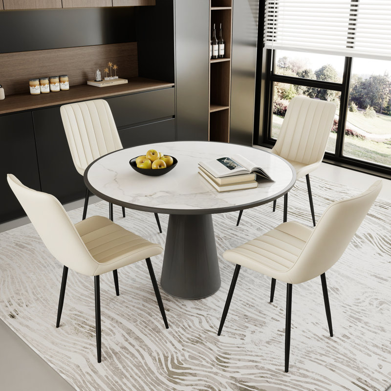 Chaises de salle à manger rembourrées en similicuir avec siège rembourré épais et pieds en métal robustes, Beige, Beige