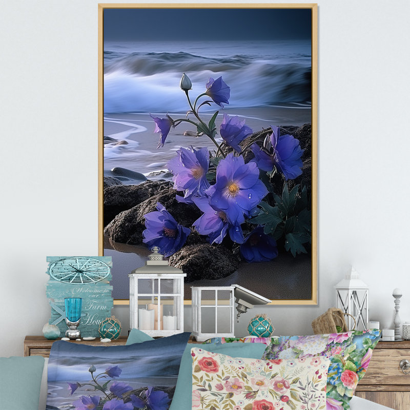 Violets bord de mer sur toile, Cadre naturel flottant, H 32 po x l 16 po