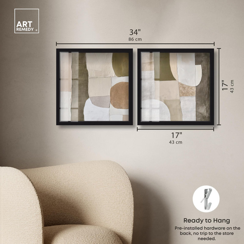 Olive Earthtone Diptych Shadowbox Print Beige Wall Decor Set by Art Remedy, Black Frame, 12 x 12, H 17 po x l 17 po
