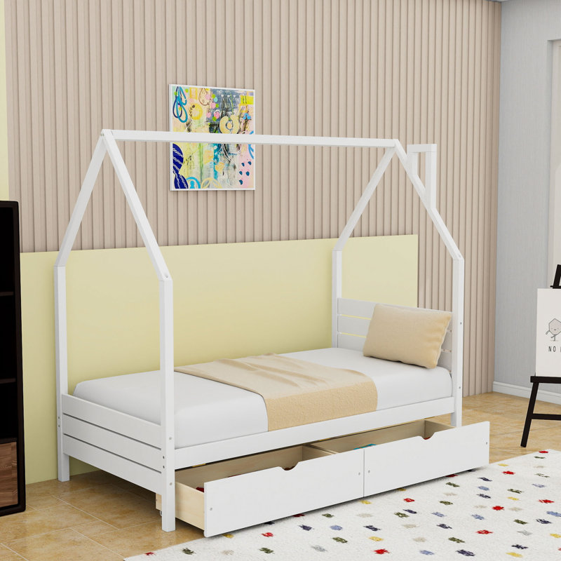 Lit en bois avec tiroirs de rangement, Lit simple, White