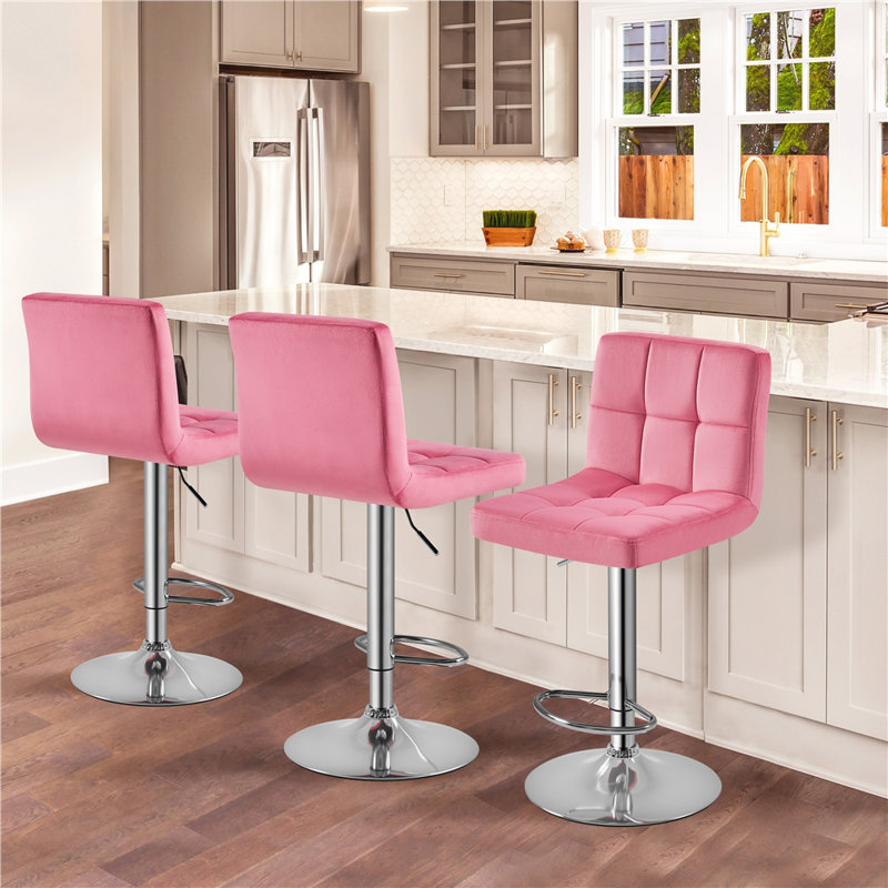 Swivel Upholstered Adjustable Bar Stool with Large Pedestal Base, Pink