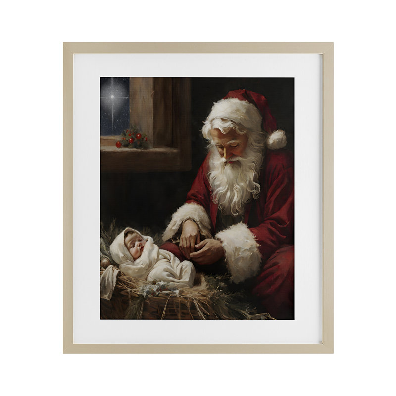 «Santa Believes with Baby Jesus», reproduction sous verre encadrée, conception de Jo Moulton, Cadre de récolte en pin
