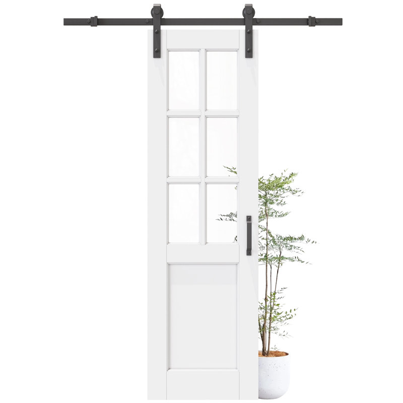 Modern White Primed And  6-Lite Clear Glass Sliding Barn Door With Installation Hardware Kit(No Assembly Required), 24" x 80"