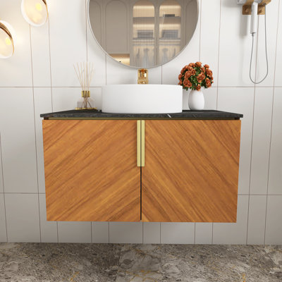 Meuble-lavabo mural 30 po en contreplaqué à grain de bois espresso avec portes doubles, comptoir en pierre frittée noire et lavabo rond en céramique blanche